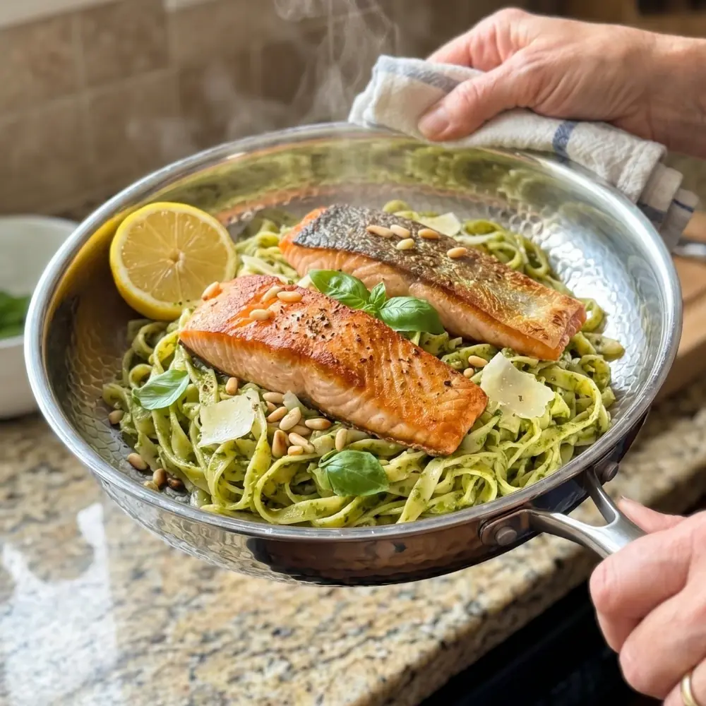 Pesto pasta and salmon cooked in the JOYHNNY™ pan