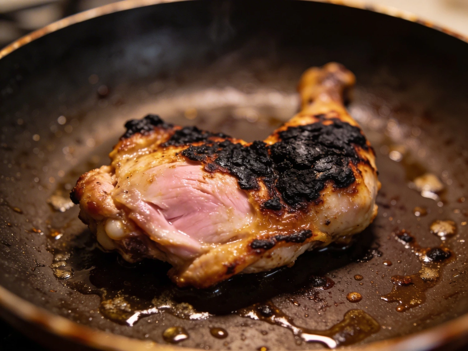 Chicken burnt on one side from uneven cooking