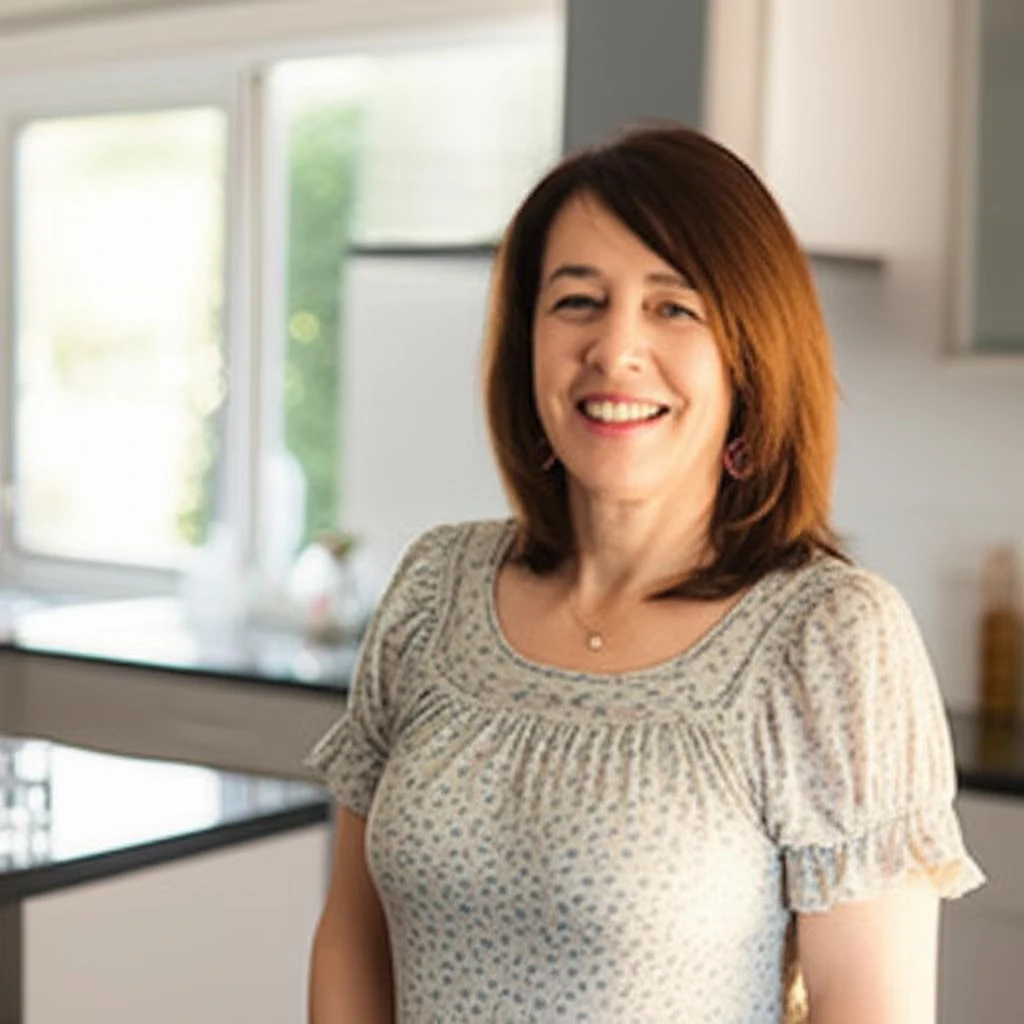 Portrait of Emma R., a woman in her 40s with light brown hair, smiling warmly in a bright kitchen