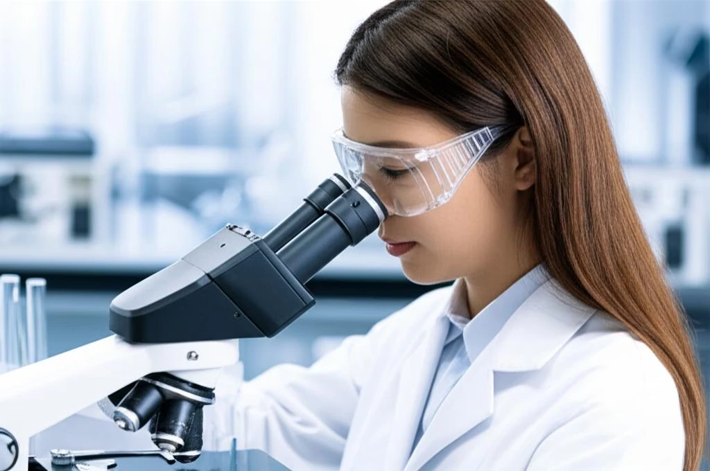A female researcher in a white lab coat examining microplastic samples under laboratory equipment in a modern university laboratory